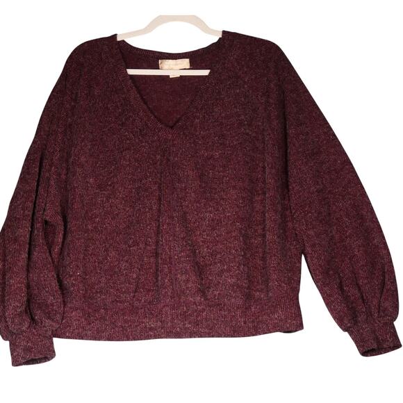 Band Of Gypsies Sweater Womens Medium Burgundy V Neck Balloon Sleeve Fuzzy Soft - Picture 2 of 9